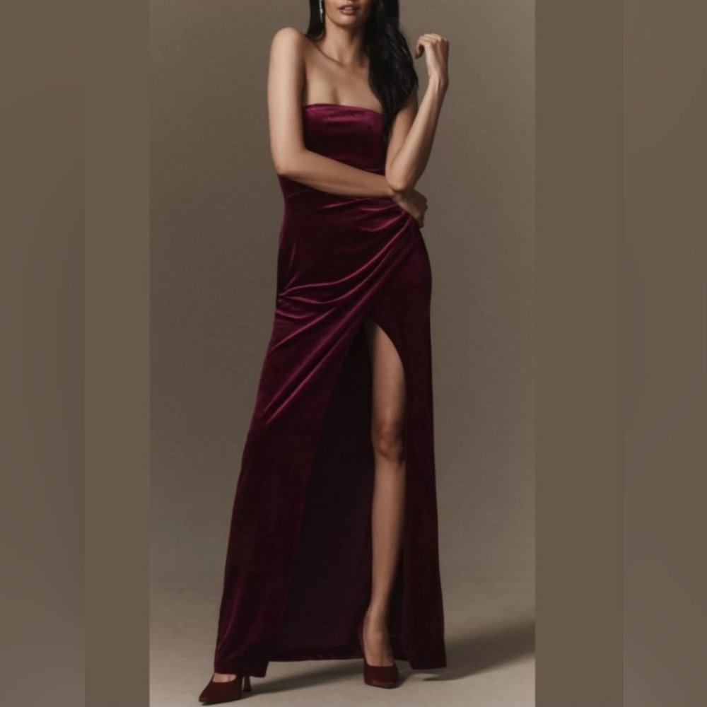 NWT Anthropologie x BHLDN Strapless Side-Slit Stretch Velvet Burgundy Dress